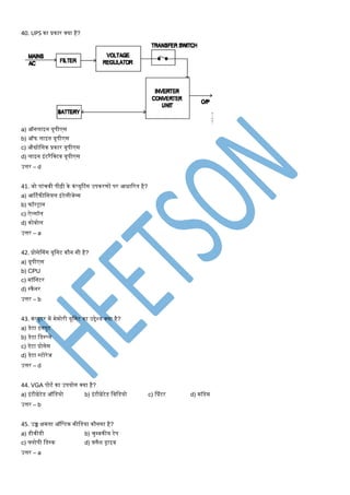 40. UPS का प्रकार क्या है?
a) ऑनलाइन यूपीएस
b) ऑफ लाइन यूपीएस
c) औद्योमगक प्रकार यूपीएस
d) लाइन इंटरैमक्टव यूपीएस
उत्तर – d
41. जो पांिवी पीढ़ी के कं प्यूटटंग उपकरर्ों पर आिाटरत है?
a) आर्टणफीमसयल इंटेलीजेन्स
b) फॉरट्रान
c) ऐल्गॉल
d) कोबोल
उत्तर – a
42. प्रोसेश्संग यूमनट कौन सी है?
a) यूपीएस
b) CPU
c) िॉमनटर
d) स्कैनर
उत्तर – b
43. कंप्यूटर िें िेिोरी यूमनट का उद्देश्य क्या है?
a) डेटा इनपुट
b) डेटा मडस्प्ले
c) डेटा प्रोसेस
d) डेटा स्टोरेज
उत्तर – d
44. VGA पोटण का उपयोग क्या है?
a) इंटीग्रेटेड ऑमडयो b) इंटीग्रेटेड मवमडयो c) श्प्रंटर d) िॉडेि
उत्तर – b
45. उच्च क्षिता ऑमप्टक िीमडया कौनसा है?
a) डीवीडी b) िुपबकीय टेप
c) फ्लोपी मडस्क d) फ़्लैश ड्राइव
उत्तर – a
 