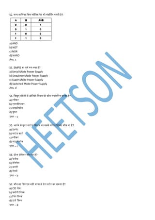 52. सत्य तामलका ककस लॉमजक गेट को संदर्भणत करती है?
a) AND
b) NOT
c) NOR
d) NAND
Ans. c
53. SMPS का पूर्ण रूप क्या है?
a) Serial Mode Power Supply
b) Sequence Mode Power Supply
c) Super Mode Power Supply
d) Switched Mode Power Supply
Ans. d
54. मवद्युत् संकेतों िें ऑमडयो मसग्नल को कौन रूपांतटरत करता है?
a) स्पीकर
b) एपपलीफायर
c) िाइक्रोफोन
d) वूफर
उत्तर – c
55. आपके कंप्यूटर साउंड मसस्टि का सबसे जटटल महस्सा कौन सा है?
a) हेडसेट
b) साउंड काडण
c) स्पीकर
d) िाइक्रोफोन
उत्तर – c
56. इंटेल प्रोसेसर कौन सा है?
a) फे नोि
b) सेलेरोन
c) अथ्लों
d) सेपप्रों
उत्तर – b
57. कौन सा मडवाइस बड़ी िािा िें डेटा स्टोर कर सकता है?
a) CD रोि
b) फ्लोपी मडस्क
c) मजप मडस्क
d) हाडण मडस्क
उत्तर – d
 