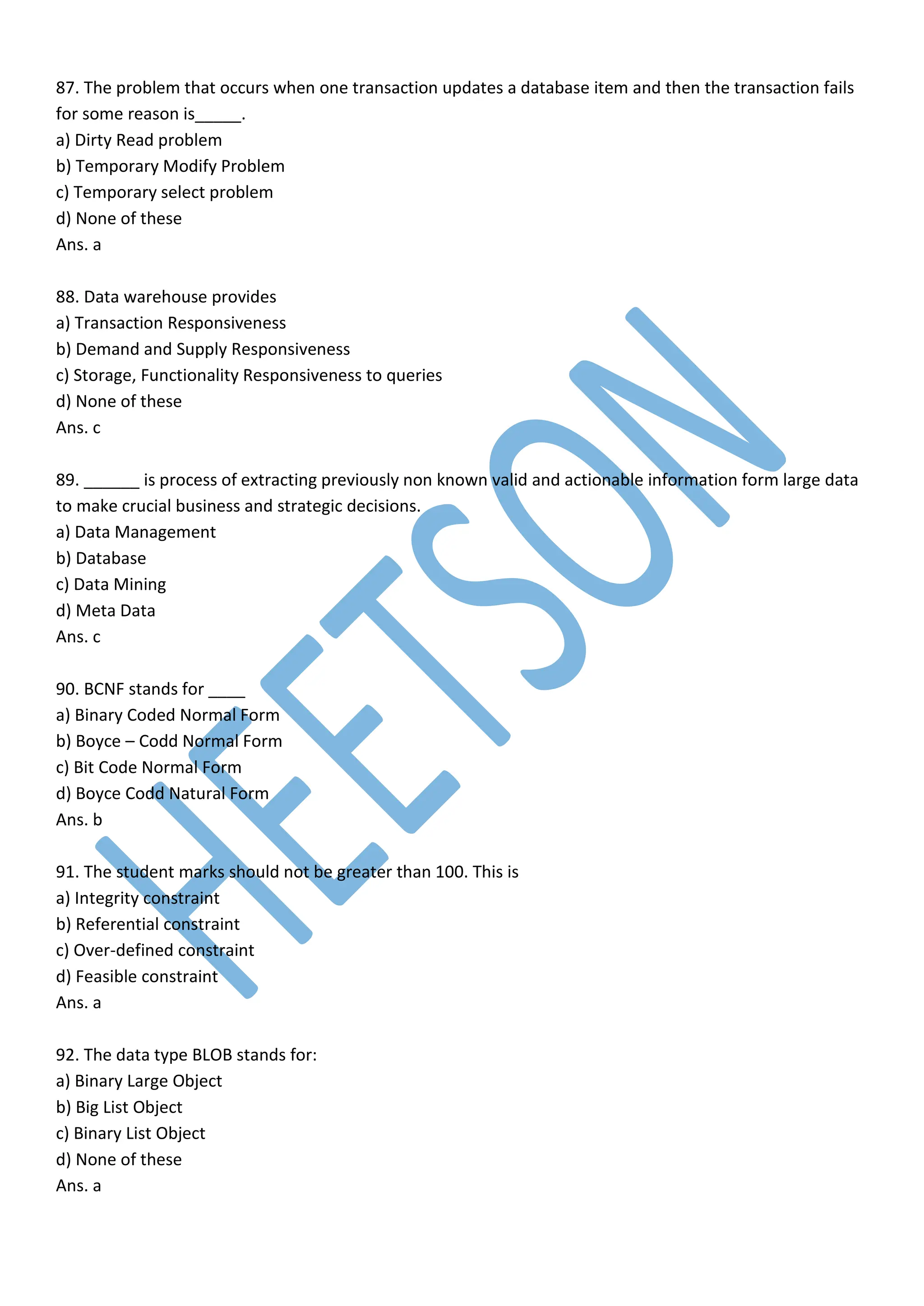 ITI COPA MySQL MCQ Database Concept (DBMS) | PDF
