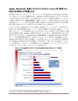© Copyright 2014 Information Technology Intelligence Consulting Corp. (ITIC) All rights reserved.
本書に引用されている製品および社名は各企業または商標権保持者の商標または登録商標です。
16
Apple、Microsoft、高度にカスタマイズされた Linux OS 環境では、
現在も計画停止が問題となる
IT 部門が OS をオフラインにしてアップグレード、パッチの適用などの保守作業を行う計画停
止は、OS によっては今でも問題となります。OS 固有の不安定さが原因でオフラインになるわけ
ではありませんが、利用できないことには変わりなく、ネットワーク運用が中断され、ユーザーの
生産性に支障が生じます (資料 6 参照)。定期的アップグレードや保守作業を行うための計画
再起動を含む、サーバー OS を再起動する頻度の質問は、さまざまな OS の組み込み管理機
能の有無と OS がオフラインで利用不可となる時間に注目した質問です。
この点でも、際だつ優位性を示したのが IBM の AIX OS です。システム・リソースの追加や再
構成のための計画再起動を含めて、サーバー OS の再起動にかかる時間は IBM サーバーが
最小でした。サーバーの再起動が「ほとんどまたはまったくない」と回答した HP 管理者が 69%、
Oracle 管理者が 49%、Windows 管理者が 45% だったのに対して、IBM 管理者は 4 分の 3 を
超える 77% にのぼりました。Windows Server 2008/2008 R2 と Windows Server 2012/ 2012R2
サーバーの再起動時間が最も長く、15% が システム・リソースの追加または再構成のために、
Windows OS を毎週または毎日再起動していると回答しました。もっとも、ITIC 2013 信頼性調
査で Windows を毎週または毎日再起動していると回答した 24% に比べると改善しています。
パッチの適用やシステム・リソースの再構成のたびに Windows サーバーをオフラインにしなけ
ればならないことは、企業ユーザーにとって大きな弱点です。
資料 7. パッチの適用やアップグレードのための計画 OS 停止は今もネットワーク運用
の中断要因
Copyright © 2012 ITIC All Rights Reserved
2014 年エンタープライズ・サーバー OS の
計画ダウンタイム / システム利用不可の比較 (月間時間数)
1.54
1.28
1.27
1.26
0.76
0.55
0.44
0.39
0.18
0.09
Debian
Apple Mac OS 10.7
Windows Server 2008
Oracle Solaris
Windows Server 2012
Ubuntu
SUSE Linux Enterprise
HP UX
Red Hat Enterprise Linux
IBM AIX
注 ITIC は、パッチの適用、アッ
プグレード、定期的保守を含む
あらゆる作業を計画ダウンタイ
ムと定義しています。
サーバー OS のダウンタイムに
より業務が中断され、サーバー
自体もオフラインとなる場合が
あります。
出典: ITIC 2014
 