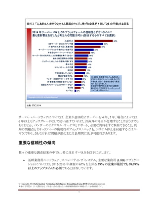 © Copyright 2014 Information Technology Intelligence Consulting Corp. (ITIC) All rights reserved.
本書に引用されている製品および社名は各企業または商標権保持者の商標または登録商標です。
7
資料 2 「人為的ミス」をダウンタイム要因のトップに挙げた企業が 4 割、「OS の不備」を上回る
Copyright © 2012 ITIC All Rights Reserved
2014 年サーバー HW と OS プラットフォームの信頼性とダウンタイムに
最も悪影響を及ぼしたと考えれる問題は何か (該当するものすべてを選択)
2%
7%
8%
8%
9%
10%
12%
13%
14%
14%
15%
15%
16%
18%
22%
30%
33%
44%
モバイル
その他
重要なアプリケーションのサポートがない
IT 管理者が研修を受けていない
ベンダーの技術サポートが不十分
構成が複雑すぎる
不明 (記録していない)
BYOD
セキュリティー上の不備
資料不足
ベンダーによるパッチの提供が遅すぎる
統合と相互運用性の問題
サーバー OS の老朽化により新機能を実行できない
不安定なサーバー・ハードウェア
サーバー・ハードウェアの老朽化 / 性能不足
IT 部門の人員不足 / 過重労働
OSサーバー OS のバグ / 不備
人為的ミス
注: 2014 年調査では、「人為的ミス」
が 2013 年の「サーバー OS のバグ /
不備」を上回り、信頼性を損なう要因
の 1 位になりました。
3 位は「IT 部門の人員不足 / 過重労
働」となり、「不安定なサーバー・ハード
ウェア」を上回りました。
出典: ITIC 2014
サーバー・ハードウェアについては、企業が意図的にサーバーを 4 年、5 年、場合によっては
6 年以上もアップグレードなしで使い続けていれば、計画外の停止が急増することは言うまでも
ありません。ベンダーのテクニカル・サービスとサポート、必要な資料をすぐ参照できること、既
知の問題点とセキュリティーの脆弱性のフィックス / パッチも、システム停止を回避するには不
可欠であり、さもなければ問題が悪化または長期間に及ぶ可能性があります。
重要な信頼性の傾向
数々の重要な調査結果の中でも、特に注目すべき点を以下に示します。
• 基幹業務用ハードウェア、オペレーティング・システム、主要な業務用 (LOB) アプリケー
ションについては、2012-2013 年調査の 67% を上回る 79% の企業が最低でも 99.99%
以上のアップタイムが必須であると回答しています。
 
