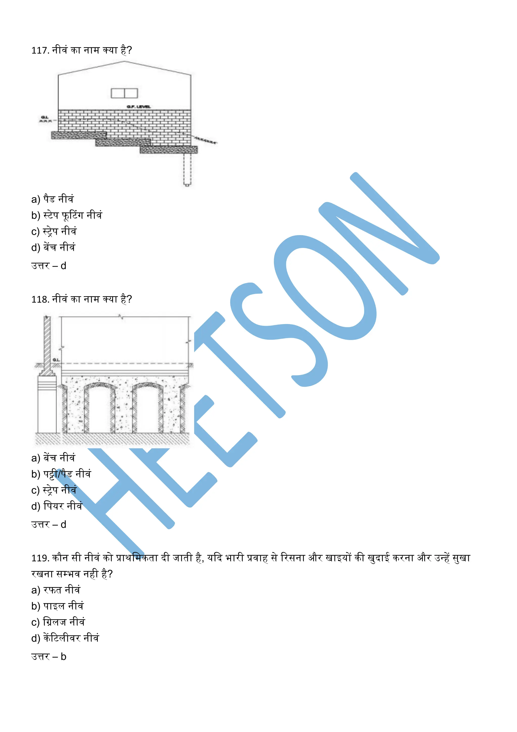 117. नीिं का नाम क्या है?
a) पैड नीिं
b) स्टेप फूरटंर्ग नीिं
c) स्िेप नीिं
d) बेंच नीिं
उत्तर – d
118. नीिं का नाम क्या है?
a) बेंच नीिं
b) पट्टी/पैड नीिं
c) स्िेप नीिं
d) खपयर नीिं
उत्तर – d
119. कौन सी नीिं को प्राथखमकता दी जाती है, यकद भारी प्रिाह से ररसना और िाइयों की िुदाई करना और उधहें सुिा
रिना सम्भि नही है?
a) रफत नीिं
b) पाइल नीिं
c) खग्रलज नीिं
d) केंरटलीिर नीिं
उत्तर – b
 