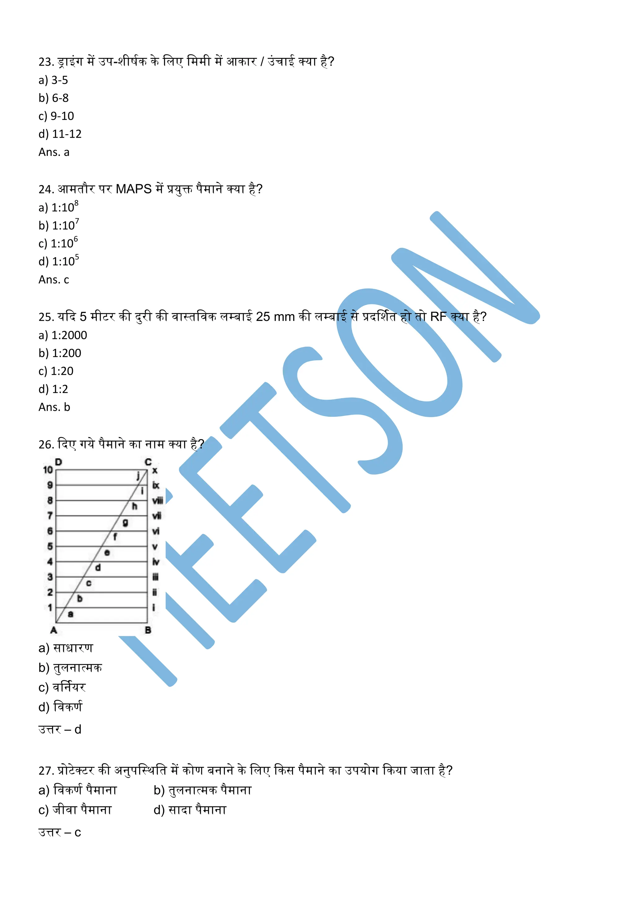 23. ड्राइंर्ग में उप-शीर्घक के खलए खममी में आकार / उंचाई क्या है?
a) 3-5
b) 6-8
c) 9-10
d) 11-12
Ans. a
24. आमतौर पर MAPS में प्रयुक्त पैमाने क्या है?
a) 1:108
b) 1:107
c) 1:106
d) 1:105
Ans. c
25. यकद 5 मीटर की दुरी की िास्तखिक लम्बाई 25 mm की लम्बाई से प्रदर्शघत हो तो RF क्या है?
a) 1:2000
b) 1:200
c) 1:20
d) 1:2
Ans. b
26. कदए र्गये पैमाने का नाम क्या है?
a) सािारण
b) तुलनात्मक
c) िर्नघयर
d) खिकणघ
उत्तर – d
27. प्रोटेक्टर की अनुपखस्थखत में कोण बनाने के खलए ककस पैमाने का उपयोर्ग ककया जाता है?
a) खिकणघ पैमाना b) तुलनात्मक पैमाना
c) जीिा पैमाना d) सादा पैमाना
उत्तर – c
 