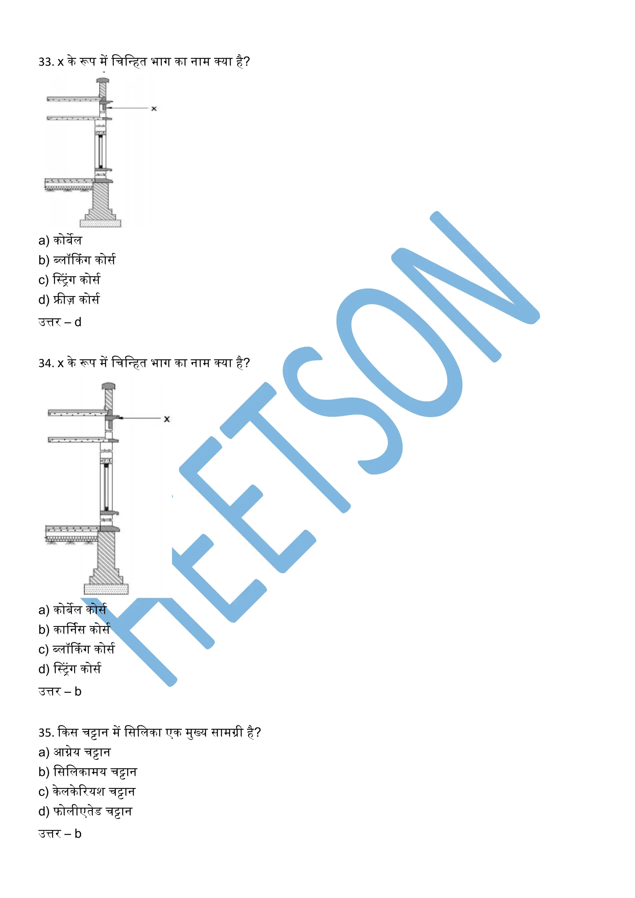 33. x के रूप में खचखधहत भार्ग का नाम क्या है?
a) कोबेल
b) ब्लॉककंर्ग कोसघ
c) सस्िंर्ग कोसघ
d) फ्रीज़ कोसघ
उत्तर – d
34. x के रूप में खचखधहत भार्ग का नाम क्या है?
a) कोबेल कोसघ
b) कार्नघस कोसघ
c) ब्लॉककंर्ग कोसघ
d) सस्िंर्ग कोसघ
उत्तर – b
35. ककस चट्टान में खसखलका एक मुख्य सामग्री है?
a) आग्नेय चट्टान
b) खसखलकामय चट्टान
c) केलकेररयश चट्टान
d) फोलीएतेड चट्टान
उत्तर – b
 