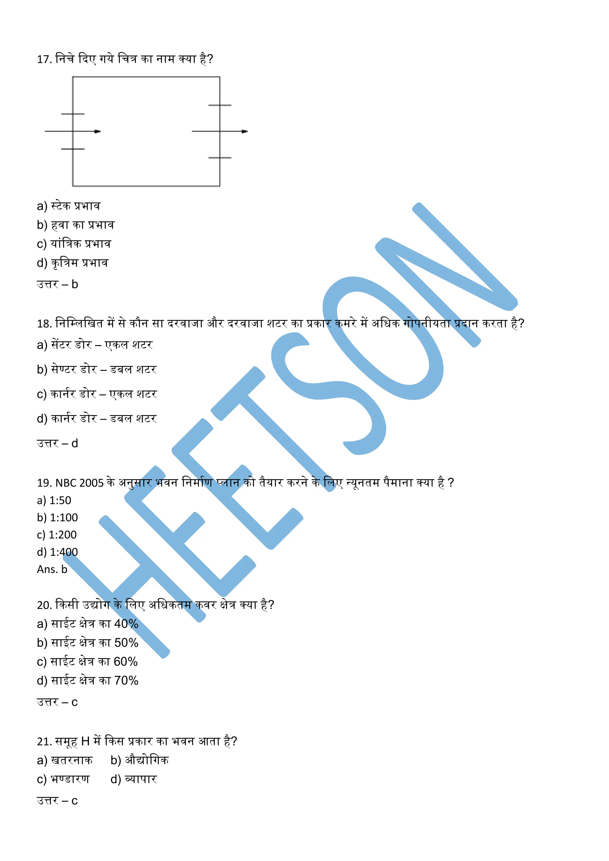 17. मनचे दिए गये मचत्र का नाि क्या है?
a) स्टेक प्रभाव
b) हवा का प्रभाव
c) यांमत्रक प्रभाव
d) कृमत्रि प्रभाव
उत्तर – b
18. मनमम्लमित िें से कौन सा िरवाजा और िरवाजा शटर का प्रकार किरे िें अमिक गोपनीयता प्रिान करता है?
a) सेंटर िोर – एकल शटर
b) सेण्टर िोर – िबल शटर
c) कानगर िोर – एकल शटर
d) कानगर िोर – िबल शटर
उत्तर – d
19. NBC 2005 के अनुसार भवन मनिागण प्लान को तैयार करने के मलए न्यूनति पैिाना क्या है ?
a) 1:50
b) 1:100
c) 1:200
d) 1:400
Ans. b
20. दकसी उद्योग के मलए अमिकति कवर क्षेत्र क्या है?
a) साईट क्षेत्र का 40%
b) साईट क्षेत्र का 50%
c) साईट क्षेत्र का 60%
d) साईट क्षेत्र का 70%
उत्तर – c
21. सिूह H िें दकस प्रकार का भवन आता है?
a) ितरनाक b) औद्योमगक
c) भण्िारण d) व्यापार
उत्तर – c
 
