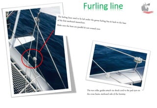 The two roller guides attach via shock cord to the pad eyes on
the cross beam, starboard side of the forestay.
Furling line
 
