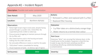 Appendix #2 – Incident Report
Date Noted:
Observations
• Noted slight brown tinge to tank water, despite having
passed through 1 µ (under sink / inline) filter. No
suspended particles visible to naked eye.
• Pressure pump struggling to maintain pressure through
the 1µ filter unit
• Also noted hairline crack in the housing and water
leaking into the under-sink area.
• No noticeable difference in taste or smell for the water
• TDS/Lishtot® meters unavailable for testing
• Visual inspection of tanks - no obvious sign of ingress
Actions
• Removed 1 µ filter and replaced with 5 µ filter
• Replaced filter housing
Description: Possible tank water contamination
May 2020
Severity: MildSeriousness Mild
Root Cause:
Extensive “dirty” rain carrying fine Saharan dust, in the
month prior to the incident. Suspicion is that this has
made its way into the tank somehow (via RO or
somehow directly eg undetected dockwater
contamination)
Location: Northern Adriatic
Outcome:
• 5 µ filter takes on a distinctively orange tinge
• Water returns to a normal clear colour
 