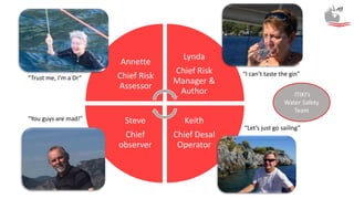 Annette
Chief Risk
Assessor
Lynda
Chief Risk
Manager &
Author
Keith
Chief Desal
Operator
Steve
Chief
observer
ITIKI’s
Water Safety
Team
“Trust me, I’m a Dr”
“I can’t taste the gin”
“You guys are mad!”
“Let’s just go sailing”
 