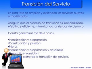 Transición del Servicio En esta fase se amplían y extienden los servicios nuevos o modificados. Asegura que el proceso de transición es  racionalizado, efectivo y eficiente, minimizando los riesgos de demora Consta generalmente de 6 pasos: Planificación y preparación Construcción y pruebas Pilotos Planificación y preparación y desarrollo Desarrollo y transición Revisión y cierre de la transición del servicio. 