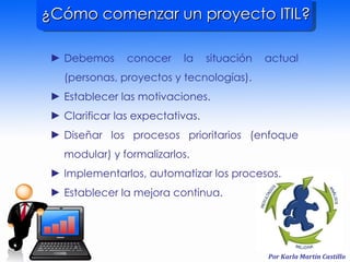 ¿Cómo comenzar un proyecto ITIL? Debemos conocer la situación actual (personas, proyectos y tecnologías). Establecer las motivaciones. Clarificar las expectativas. Diseñar los procesos prioritarios (enfoque modular) y formalizarlos. Implementarlos, automatizar los procesos. Establecer la mejora continua. 