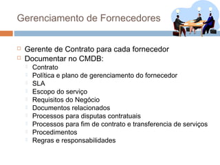 Gerenciamento de Fornecedores

   Gerente de Contrato para cada fornecedor
   Documentar no CMDB:
       Contrato
       Política e plano de gerenciamento do fornecedor
       SLA
       Escopo do serviço
       Requisitos do Negócio
       Documentos relacionados
       Processos para disputas contratuais
       Processos para fim de contrato e transferencia de serviços
       Procedimentos
       Regras e responsabilidades
 
