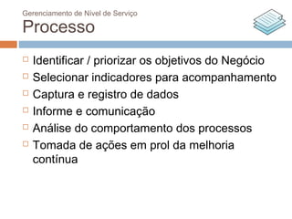 Gerenciamento de Nível de Serviço

Processo
   Identificar / priorizar os objetivos do Negócio
   Selecionar indicadores para acompanhamento
   Captura e registro de dados
   Informe e comunicação
   Análise do comportamento dos processos
   Tomada de ações em prol da melhoria
    contínua
 