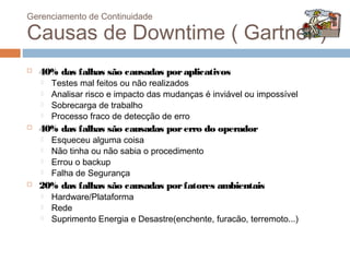 Gerenciamento de Continuidade

Causas de Downtime ( Gartner )
   40% das falhas são causadas por aplicativos
       Testes mal feitos ou não realizados
       Analisar risco e impacto das mudanças é inviável ou impossível
       Sobrecarga de trabalho
       Processo fraco de detecção de erro
   40% das falhas são causadas por erro do operador
       Esqueceu alguma coisa
       Não tinha ou não sabia o procedimento
       Errou o backup
       Falha de Segurança
   20% das falhas são causadas por fatores ambientais
       Hardware/Plataforma
       Rede
       Suprimento Energia e Desastre(enchente, furacão, terremoto...)
 