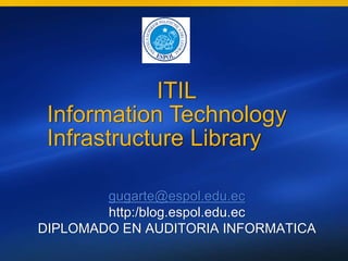 ITIL
 Information Technology
 Infrastructure Library

        gugarte@espol.edu.ec
        http:/blog.espol.edu.ec
DIPLOMADO EN AUDITORIA INFORMATICA
 