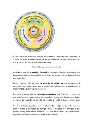 É nesta fase que a ocorre a integração da TI com o negócio. Neste momento a 
TI deve entender as necessidades do negócio, gerenciar seu portfólio de serviços 
e priorizar os serviços a serem desenvolvidos. 
Transição, operação e melhoria 
A próxima fase é a transição de serviço que recebe da fase de desenho um 
pacote com todas as informações necessárias para o serviço ser disponibilizado 
em produção. 
Neste momento, o foco é o gerenciamento de mudanças, que se preocupará 
com todos os detalhes para que o serviço seja colocado em produção com o 
menor impacto possível para o negócio. 
Em seguida, vem a fase de operação de serviço, que deve manter o serviço 
em funcionamento, acompanhar as operações do dia a dia. Basicamente todos 
os livros do suporte ao serviço na versão 2 estão incluídos nessa fase. 
Envolvendo todas essas fases tem a melhoria de serviço continuada, que tem 
como objetivo a qualidade do serviço, inclui a avaliação dos serviços e dos 
processos de gerenciamento das fases. Este ciclo de vida pode girar várias vezes, 
pois pode ser necessário rever a estratégia do serviço. 
 