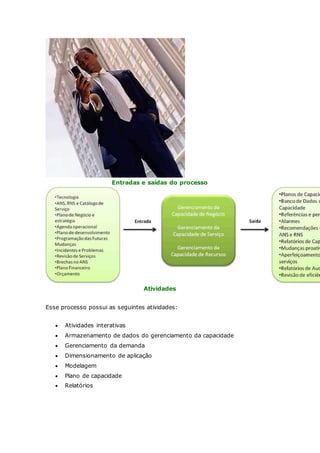 Entradas e saídas do processo 
Atividades 
Esse processo possui as seguintes atividades: 
 Atividades interativas 
 Armazenamento de dados do gerenciamento da capacidade 
 Gerenciamento da demanda 
 Dimensionamento de aplicação 
 Modelagem 
 Plano de capacidade 
 Relatórios 
 