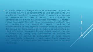 I
T
I
L
 Es un método para la integración de los sistemas de computación
en la nube incluye el establecimiento de una conexión entre una
arquitectura de sistema de computación en la nube y los sistemas
de computación en nube. Cada uno de los sistemas de
computación en la nube incluye recursos informáticos. El método
incluye además la integración de los recursos de computación con
una arquitectura de integración externa mediante el
establecimiento de una segunda conexión entre la arquitectura
del sistema de computación en la nube y la arquitectura de
integración externa. La arquitectura de integración externa incluye
IT Infraestructura Library (ITIL) componentes de software. La
arquitectura del sistema de computación en nube incluye
componentes de gestión que proporcionan puntos de integración
para conectar los componentes de software ITIL con los recursos
informáticos.
 