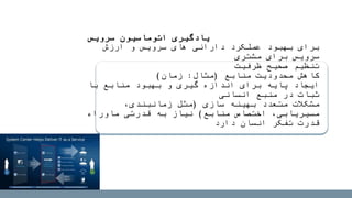 ‫ارزش‬ ‫و‬ ‫سرویس‬ ‫های‬ ‫دارائی‬ ‫عملکرد‬ ‫بهبود‬ ‫برای‬
‫مشتری‬ ‫برای‬ ‫سرویس‬
‫ظرفیت‬ ‫صحیح‬ ‫تنظیم‬
‫منابع‬ ‫محدودیت‬ ‫کاهش‬(‫مثال‬:‫زمان‬)
‫با‬ ‫منابع‬ ‫بهبود‬ ‫و‬ ‫گیری‬ ‫اندازه‬ ‫برای‬ ‫پایه‬ ‫ایجاد‬
‫انسانی‬ ‫منبع‬ ‫در‬ ‫ثبات‬
‫سازی‬ ‫بهینه‬ ‫متعدد‬ ‫مشکالت‬(،‫زمانبندی‬ ‫مثل‬
‫منابع‬ ‫اختصاص‬ ،‫مسیریابی‬)‫ماوراء‬ ‫قدرتی‬ ‫به‬ ‫نیاز‬
‫دارد‬ ‫انسان‬ ‫تفکر‬ ‫قدرت‬
‫سرویس‬ ‫اتوماسیون‬ ‫یادگیری‬
 