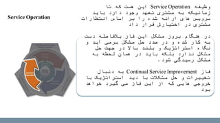 ‫وظیفه‬Service Operation‫تا‬ ‫که‬ ‫هست‬ ‫این‬
‫باید‬ ‫دارد‬ ‫وجود‬ ‫تعهد‬ ‫مشتری‬ ‫به‬ ‫زمانیکه‬
‫انتظارات‬ ‫اساس‬ ‫بر‬ ‫را‬ ‫شده‬ ‫ارائه‬ ‫های‬ ‫سرویس‬
‫قرار‬ ‫اختیارش‬ ‫در‬ ‫مشتری‬‫داد‬
‫دست‬ ‫بالفاصله‬ ‫فاز‬ ‫این‬ ‫مشکل‬ ‫بروز‬ ‫هنگام‬ ‫در‬
‫و‬ ‫آید‬ ‫برمی‬ ‫مشکل‬ ‫حل‬ ‫صدد‬ ‫در‬ ‫و‬ ‫شده‬ ‫کار‬ ‫به‬
‫حل‬ ‫جهت‬ ‫در‬ ‫باال‬ ‫بلند‬ ‫و‬ ‫استراتژیک‬ ‫نگاه‬
‫به‬ ‫لحظه‬ ‫همان‬ ‫در‬ ‫باید‬ ‫بلکه‬ ‫ندارد‬ ‫مشکل‬
‫شود‬ ‫رسیدگی‬ ‫مشکل‬.
‫فاز‬Continual Service Improvement‫دنبال‬ ‫به‬
‫با‬ ‫استراتژیک‬ ‫دید‬ ‫با‬ ‫مشکالت‬ ‫حل‬ ‫و‬ ‫تغییرات‬
‫خواهد‬ ‫گیرد‬ ‫می‬ ‫فاز‬ ‫این‬ ‫از‬ ‫که‬ ‫هایی‬ ‫خروجی‬
‫بود‬
Service Operation
 
