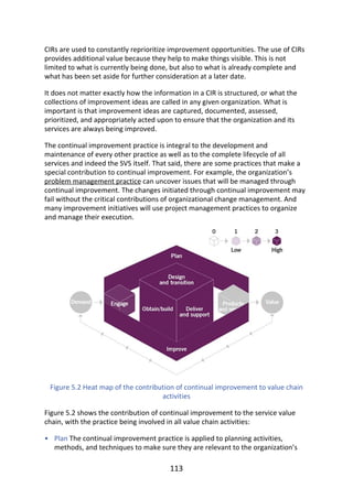 •
CIRs	are	used	to	constantly	reprioritize	improvement	opportunities.	The	use	of	CIRs
provides	additional	value	because	they	help	to	make	things	visible.	This	is	not
limited	to	what	is	currently	being	done,	but	also	to	what	is	already	complete	and
what	has	been	set	aside	for	further	consideration	at	a	later	date.
It	does	not	matter	exactly	how	the	information	in	a	CIR	is	structured,	or	what	the
collections	of	improvement	ideas	are	called	in	any	given	organization.	What	is
important	is	that	improvement	ideas	are	captured,	documented,	assessed,
prioritized,	and	appropriately	acted	upon	to	ensure	that	the	organization	and	its
services	are	always	being	improved.
The	continual	improvement	practice	is	integral	to	the	development	and
maintenance	of	every	other	practice	as	well	as	to	the	complete	lifecycle	of	all
services	and	indeed	the	SVS	itself.	That	said,	there	are	some	practices	that	make	a
special	contribution	to	continual	improvement.	For	example,	the	organization’s
problem	management	practice	can	uncover	issues	that	will	be	managed	through
continual	improvement.	The	changes	initiated	through	continual	improvement	may
fail	without	the	critical	contributions	of	organizational	change	management.	And
many	improvement	initiatives	will	use	project	management	practices	to	organize
and	manage	their	execution.
Figure	5.2	Heat	map	of	the	contribution	of	continual	improvement	to	value	chain
activities
Figure	5.2	shows	the	contribution	of	continual	improvement	to	the	service	value
chain,	with	the	practice	being	involved	in	all	value	chain	activities:
Plan	The	continual	improvement	practice	is	applied	to	planning	activities,
methods,	and	techniques	to	make	sure	they	are	relevant	to	the	organization’s
113
 