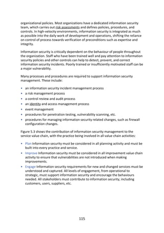 •
•
•
•
•
•
•
•
•
•
organizational	policies.	Most	organizations	have	a	dedicated	information	security
team,	which	carries	out	risk	assessments	and	defines	policies,	procedures,	and
controls.	In	high-velocity	environments,	information	security	is	integrated	as	much
as	possible	into	the	daily	work	of	development	and	operations,	shifting	the	reliance
on	control	of	process	towards	verification	of	preconditions	such	as	expertise	and
integrity.
Information	security	is	critically	dependent	on	the	behaviour	of	people	throughout
the	organization.	Staff	who	have	been	trained	well	and	pay	attention	to	information
security	policies	and	other	controls	can	help	to	detect,	prevent,	and	correct
information	security	incidents.	Poorly	trained	or	insufficiently	motivated	staff	can	be
a	major	vulnerability.
Many	processes	and	procedures	are	required	to	support	information	security
management.	These	include:
an	information	security	incident	management	process
a	risk	management	process
a	control	review	and	audit	process
an	identity	and	access	management	process
event	management
procedures	for	penetration	testing,	vulnerability	scanning,	etc.
procedures	for	managing	information	security	related	changes,	such	as	firewall
configuration	changes.
Figure	5.3	shows	the	contribution	of	information	security	management	to	the
service	value	chain,	with	the	practice	being	involved	in	all	value	chain	activities:
Plan	Information	security	must	be	considered	in	all	planning	activity	and	must	be
built	into	every	practice	and	service.
Improve	Information	security	must	be	considered	in	all	improvement	value	chain
activity	to	ensure	that	vulnerabilities	are	not	introduced	when	making
improvements.
Engage	Information	security	requirements	for	new	and	changed	services	must	be
understood	and	captured.	All	levels	of	engagement,	from	operational	to
strategic,	must	support	information	security	and	encourage	the	behaviours
needed.	All	stakeholders	must	contribute	to	information	security,	including
customers,	users,	suppliers,	etc.
115
 