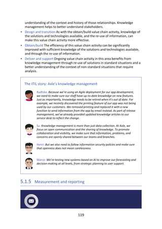 •
•
•
understanding	of	the	context	and	history	of	those	relationships.	Knowledge
management	helps	to	better	understand	stakeholders.
Design	and	transition	As	with	the	obtain/build	value	chain	activity,	knowledge	of
the	solutions	and	technologies	available,	and	the	re-use	of	information,	can
make	this	value	chain	activity	more	effective.
Obtain/build	The	efficiency	of	this	value	chain	activity	can	be	significantly
improved	with	sufficient	knowledge	of	the	solutions	and	technologies	available,
and	through	the	re-use	of	information.
Deliver	and	support	Ongoing	value	chain	activity	in	this	area	benefits	from
knowledge	management	through	re-use	of	solutions	in	standard	situations	and	a
better	understanding	of	the	context	of	non-standard	situations	that	require
analysis.
The	ITIL	story:	Axle’s	knowledge	management
Radhika:	Because	we’re	using	an	Agile	deployment	for	our	app	development,
we	need	to	make	sure	our	staff	have	up-to-date	knowledge	on	new	features.
Just	as	importantly,	knowledge	needs	to	be	retired	when	it’s	out	of	date.	For
example,	we	recently	discovered	the	printing	feature	of	our	app	was	not	being
used	by	our	customers.	We	removed	printing	and	replaced	it	with	a	new
function	to	send	information	from	the	app	by	email	instead.	As	part	of	release
management,	we’ve	already	provided	updated	knowledge	articles	to	our
service	desk	to	reflect	the	change.
Su:	Knowledge	management	is	more	than	just	data	collection.	At	Axle,	we
focus	on	open	communication	and	the	sharing	of	knowledge.	To	promote
collaboration	and	visibility,	we	make	sure	that	information,	problems,	and
concerns	are	openly	shared	between	our	teams	and	branches.
Henri:	But	we	also	need	to	follow	information	security	policies	and	make	sure
that	openness	does	not	mean	carelessness.
Marco:	We’re	testing	new	systems	based	on	AI	to	improve	our	forecasting	and
decision-making	at	all	levels,	from	strategic	planning	to	user	support.
5.1.5 	Measurement	and	reporting
119
 