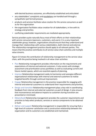 •
•
•
•
•
•
•
•
•
•
with	desired	business	outcomes,	are	effectively	established	and	articulated
any	stakeholders’	complaints	and	escalations	are	handled	well	through	a
sympathetic	(yet	formal)	process
products	and	services	facilitate	value	creation	for	the	service	consumers	as	well
as	for	the	organization
the	organization	facilitates	value	creation	for	all	stakeholders,	in	line	with	its
strategy	and	priorities
conflicting	stakeholder	requirements	are	mediated	appropriately.
Service	providers	quite	naturally	focus	most	of	their	efforts	on	their	relationships
with	service	consumers	(sponsors,	customers,	and	users).	It	is	a	very	important
stakeholder	group;	however,	organizations	should	ensure	that	they	understand	and
manage	their	relationships	with	various	stakeholders,	both	internal	and	external.
The	relationship	management	practice	should	apply	to	all	relevant	parties.	This
means	that	the	practice	contributes	to	all	service	value	chain	activities	and	multiple
value	streams.
Figure	5.9	shows	the	contribution	of	relationship	management	to	the	service	value
chain,	with	the	practice	being	involved	in	all	value	chain	activities:
Plan	Relationship	management	provides	information	on	the	requirements	and
expectations	of	internal	and	external	customers.	It	also	assists	with	strategic
assessment	and	prioritization	across	portfolios	as	well	as	evaluating	current	and
future	market	spaces,	which	are	essential	aspects	of	planning.
Improve	Relationship	management	seeks	to	harmonize	and	synergize	different
organizational	relationships	with	internal	and	external	customers	to	realize
targeted	benefits	through	continual	improvement.
Engage	Relationship	management	is	the	practice	responsible	for	engaging	with
internal	and	external	customers	to	understand	their	requirements	and	priorities.
Design	and	transition	Relationship	management	plays	a	key	role	in	coordinating
feedback	from	internal	and	external	customers	as	part	of	design.	It	also	ensures
that	inconvenience	and	adverse	impacts	to	customers	during	transition	are
prevented	or	minimized.
Obtain/build	Relationship	management	provides	the	customer	requirements	and
priorities	to	help	select	products,	services	or	service	components	to	be	obtained
or	built.
Deliver	and	support	Relationship	management	is	responsible	for	ensuring	that	a
high	level	of	customer	satisfaction	and	a	constructive	relationship	between	the
organization	and	its	customers	are	established	and	maintained.
131
 