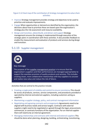 •
•
•
•
•
•
•
Figure	5.12	Heat	map	of	the	contribution	of	strategy	management	to	value	chain
activities
Improve	Strategy	management	provides	strategy	and	objectives	to	be	used	to
prioritize	and	evaluate	improvements.
Engage	When	opportunities	or	demand	are	identified	by	the	organization,	the
decisions	about	how	to	prioritize	these	are	based	upon	the	organization’s
strategy	plus	the	risk	assessment	and	resource	availability.
Design	and	transition,	obtain/build,	and	deliver	and	support	Strategy
management	ensures	the	strategy	is	implemented	through	execution	of	the
strategic	plans	in	coordination	with	these	activities.	It	also	provides	feedback	to
enable	the	measurement	and	evaluation	of	products	and	services	during	design
and	transition.
5.1.13 	Supplier	management
Key	message
The	purpose	of	the	supplier	management	practice	is	to	ensure	that	the
organization’s	suppliers	and	their	performances	are	managed	appropriately	to
support	the	seamless	provision	of	quality	products	and	services.	This	includes
creating	closer,	more	collaborative	relationships	with	key	suppliers	to	uncover
and	realize	new	value	and	reduce	the	risk	of	failure.
Activities	that	are	central	to	the	practice	include:
Creating	a	single	point	of	visibility	and	control	to	ensure	consistency	This	should
be	across	all	products,	services,	service	components,	and	procedures	provided	or
operated	by	internal	and	external	suppliers,	including	customers	acting	as
suppliers.
Maintaining	a	supplier	strategy,	policy,	and	contract	management	information
Negotiating	and	agreeing	contracts	and	arrangements	Agreements	need	to	be
aligned	with	business	needs	and	service	targets.	Contracts	with	external
suppliers	might	need	to	be	negotiated	or	agreed	through	the	legal,	procurement,
commercial,	or	contracts	functions	of	the	organization.	For	an	internal	supplier
there	will	need	to	be	an	internal	agreement.
Managing	relationships	and	contracts	with	internal	and	external	suppliers	This
should	be	done	when	planning,	designing,	building,	orchestrating,	transitioning,
142
 