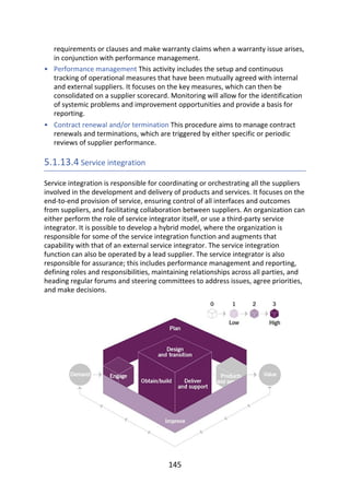 •
•
requirements	or	clauses	and	make	warranty	claims	when	a	warranty	issue	arises,
in	conjunction	with	performance	management.
Performance	management	This	activity	includes	the	setup	and	continuous
tracking	of	operational	measures	that	have	been	mutually	agreed	with	internal
and	external	suppliers.	It	focuses	on	the	key	measures,	which	can	then	be
consolidated	on	a	supplier	scorecard.	Monitoring	will	allow	for	the	identification
of	systemic	problems	and	improvement	opportunities	and	provide	a	basis	for
reporting.
Contract	renewal	and/or	termination	This	procedure	aims	to	manage	contract
renewals	and	terminations,	which	are	triggered	by	either	specific	or	periodic
reviews	of	supplier	performance.
5.1.13.4	Service	integration
Service	integration	is	responsible	for	coordinating	or	orchestrating	all	the	suppliers
involved	in	the	development	and	delivery	of	products	and	services.	It	focuses	on	the
end-to-end	provision	of	service,	ensuring	control	of	all	interfaces	and	outcomes
from	suppliers,	and	facilitating	collaboration	between	suppliers.	An	organization	can
either	perform	the	role	of	service	integrator	itself,	or	use	a	third-party	service
integrator.	It	is	possible	to	develop	a	hybrid	model,	where	the	organization	is
responsible	for	some	of	the	service	integration	function	and	augments	that
capability	with	that	of	an	external	service	integrator.	The	service	integration
function	can	also	be	operated	by	a	lead	supplier.	The	service	integrator	is	also
responsible	for	assurance;	this	includes	performance	management	and	reporting,
defining	roles	and	responsibilities,	maintaining	relationships	across	all	parties,	and
heading	regular	forums	and	steering	committees	to	address	issues,	agree	priorities,
and	make	decisions.
145
 