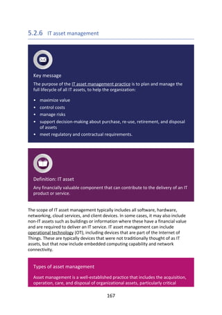 •
•
•
•
•
5.2.6 	IT	asset	management
Key	message
The	purpose	of	the	IT	asset	management	practice	is	to	plan	and	manage	the
full	lifecycle	of	all	IT	assets,	to	help	the	organization:
maximize	value
control	costs
manage	risks
support	decision-making	about	purchase,	re-use,	retirement,	and	disposal
of	assets
meet	regulatory	and	contractual	requirements.
Definition:	IT	asset
Any	financially	valuable	component	that	can	contribute	to	the	delivery	of	an	IT
product	or	service.
The	scope	of	IT	asset	management	typically	includes	all	software,	hardware,
networking,	cloud	services,	and	client	devices.	In	some	cases,	it	may	also	include
non-IT	assets	such	as	buildings	or	information	where	these	have	a	financial	value
and	are	required	to	deliver	an	IT	service.	IT	asset	management	can	include
operational	technology	(OT),	including	devices	that	are	part	of	the	Internet	of
Things.	These	are	typically	devices	that	were	not	traditionally	thought	of	as	IT
assets,	but	that	now	include	embedded	computing	capability	and	network
connectivity.
Types	of	asset	management
Asset	management	is	a	well-established	practice	that	includes	the	acquisition,
operation,	care,	and	disposal	of	organizational	assets,	particularly	critical
167
 