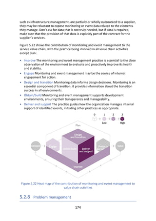 •
•
•
•
•
such	as	infrastructure	management,	are	partially	or	wholly	outsourced	to	a	supplier,
they	may	be	reluctant	to	expose	monitoring	or	event	data	related	to	the	elements
they	manage.	Don’t	ask	for	data	that	is	not	truly	needed,	but	if	data	is	required,
make	sure	that	the	provision	of	that	data	is	explicitly	part	of	the	contract	for	the
supplier’s	services.
Figure	5.22	shows	the	contribution	of	monitoring	and	event	management	to	the
service	value	chain,	with	the	practice	being	involved	in	all	value	chain	activities
except	plan:
Improve	The	monitoring	and	event	management	practice	is	essential	to	the	close
observation	of	the	environment	to	evaluate	and	proactively	improve	its	health
and	stability.
Engage	Monitoring	and	event	management	may	be	the	source	of	internal
engagement	for	action.
Design	and	transition	Monitoring	data	informs	design	decisions.	Monitoring	is	an
essential	component	of	transition:	it	provides	information	about	the	transition
success	in	all	environments.
Obtain/build	Monitoring	and	event	management	supports	development
environments,	ensuring	their	transparency	and	manageability.
Deliver	and	support	The	practice	guides	how	the	organization	manages	internal
support	of	identified	events,	initiating	other	practices	as	appropriate.
Figure	5.22	Heat	map	of	the	contribution	of	monitoring	and	event	management	to
value	chain	activities
5.2.8 	Problem	management
174
 
