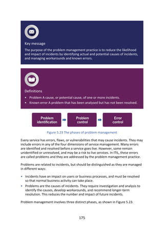 •
•
•
•
Key	message
The	purpose	of	the	problem	management	practice	is	to	reduce	the	likelihood
and	impact	of	incidents	by	identifying	actual	and	potential	causes	of	incidents,
and	managing	workarounds	and	known	errors.
Definitions
Problem	A	cause,	or	potential	cause,	of	one	or	more	incidents.
Known	error	A	problem	that	has	been	analysed	but	has	not	been	resolved.
Figure	5.23	The	phases	of	problem	management
Every	service	has	errors,	flaws,	or	vulnerabilities	that	may	cause	incidents.	They	may
include	errors	in	any	of	the	four	dimensions	of	service	management.	Many	errors
are	identified	and	resolved	before	a	service	goes	live.	However,	some	remain
unidentified	or	unresolved,	and	may	be	a	risk	to	live	services.	In	ITIL,	these	errors
are	called	problems	and	they	are	addressed	by	the	problem	management	practice.
Problems	are	related	to	incidents,	but	should	be	distinguished	as	they	are	managed
in	different	ways:
Incidents	have	an	impact	on	users	or	business	processes,	and	must	be	resolved
so	that	normal	business	activity	can	take	place.
Problems	are	the	causes	of	incidents.	They	require	investigation	and	analysis	to
identify	the	causes,	develop	workarounds,	and	recommend	longer-term
resolution.	This	reduces	the	number	and	impact	of	future	incidents.
Problem	management	involves	three	distinct	phases,	as	shown	in	Figure	5.23.
175
 