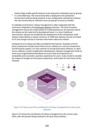 •
Feature	flags	enable	specific	features	to	be	released	to	individual	users	or	groups
in	a	controlled	way.	The	new	functionality	is	deployed	to	the	production
environment	without	being	released.	A	user	configuration	setting	then	releases
the	new	functionality	to	individual	users	(or	groups	of	users)	as	needed.
In	a	DevOps	environment,	release	management	is	often	integrated	with	the
continuous	integration	and	continuous	delivery	toolchain.	The	tools	of	release
management	may	be	the	responsibility	of	a	dedicated	person,	but	decisions	about
the	release	can	be	made	by	the	development	team.	In	a	more	traditional
environment,	releases	are	enabled	by	the	deployment	of	the	components.	Each
release	is	described	by	a	release	record	on	an	ITSM	tool.	Release	records	are	linked
to	CIs	and	change	records	to	maintain	information	about	the	release.
Components	of	a	release	are	often	provided	by	third	parties.	Examples	of	third-
party	components	include	cloud	infrastructure,	software	as	a	service	components,
and	third-party	support.	It	is	also	common	to	include	third-party	software,	or	open-
source	software,	as	part	of	application	development.	Release	management	needs	to
work	across	organizational	boundaries	to	ensure	that	all	components	are
compatible	and	to	provide	a	seamless	experience	for	users.	It	also	needs	to	consider
the	impact	of	changes	to	third-party	components,	and	to	plan	for	how	these	will	be
released.
Figure	5.27	Heat	map	of	the	contribution	of	release	management	to	value	chain
activities
Figure	5.27	shows	the	contribution	of	release	management	to	the	service	value
chain,	with	the	practice	being	involved	in	all	value	chain	activities:
182
 