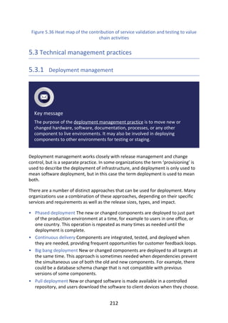 •
•
•
•
Figure	5.36	Heat	map	of	the	contribution	of	service	validation	and	testing	to	value
chain	activities
5.3	Technical	management	practices
5.3.1 	Deployment	management
Key	message
The	purpose	of	the	deployment	management	practice	is	to	move	new	or
changed	hardware,	software,	documentation,	processes,	or	any	other
component	to	live	environments.	It	may	also	be	involved	in	deploying
components	to	other	environments	for	testing	or	staging.
Deployment	management	works	closely	with	release	management	and	change
control,	but	is	a	separate	practice.	In	some	organizations	the	term	‘provisioning’	is
used	to	describe	the	deployment	of	infrastructure,	and	deployment	is	only	used	to
mean	software	deployment,	but	in	this	case	the	term	deployment	is	used	to	mean
both.
There	are	a	number	of	distinct	approaches	that	can	be	used	for	deployment.	Many
organizations	use	a	combination	of	these	approaches,	depending	on	their	specific
services	and	requirements	as	well	as	the	release	sizes,	types,	and	impact.
Phased	deployment	The	new	or	changed	components	are	deployed	to	just	part
of	the	production	environment	at	a	time,	for	example	to	users	in	one	office,	or
one	country.	This	operation	is	repeated	as	many	times	as	needed	until	the
deployment	is	complete.
Continuous	delivery	Components	are	integrated,	tested,	and	deployed	when
they	are	needed,	providing	frequent	opportunities	for	customer	feedback	loops.
Big	bang	deployment	New	or	changed	components	are	deployed	to	all	targets	at
the	same	time.	This	approach	is	sometimes	needed	when	dependencies	prevent
the	simultaneous	use	of	both	the	old	and	new	components.	For	example,	there
could	be	a	database	schema	change	that	is	not	compatible	with	previous
versions	of	some	components.
Pull	deployment	New	or	changed	software	is	made	available	in	a	controlled
repository,	and	users	download	the	software	to	client	devices	when	they	choose.
212
 