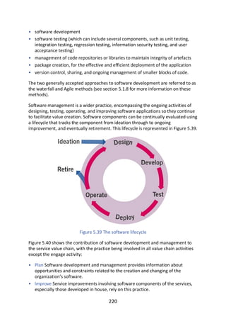 •
•
•
•
•
•
•
software	development
software	testing	(which	can	include	several	components,	such	as	unit	testing,
integration	testing,	regression	testing,	information	security	testing,	and	user
acceptance	testing)
management	of	code	repositories	or	libraries	to	maintain	integrity	of	artefacts
package	creation,	for	the	effective	and	efficient	deployment	of	the	application
version	control,	sharing,	and	ongoing	management	of	smaller	blocks	of	code.
The	two	generally	accepted	approaches	to	software	development	are	referred	to	as
the	waterfall	and	Agile	methods	(see	section	5.1.8	for	more	information	on	these
methods).
Software	management	is	a	wider	practice,	encompassing	the	ongoing	activities	of
designing,	testing,	operating,	and	improving	software	applications	so	they	continue
to	facilitate	value	creation.	Software	components	can	be	continually	evaluated	using
a	lifecycle	that	tracks	the	component	from	ideation	through	to	ongoing
improvement,	and	eventually	retirement.	This	lifecycle	is	represented	in	Figure	5.39.
Figure	5.39	The	software	lifecycle
Figure	5.40	shows	the	contribution	of	software	development	and	management	to
the	service	value	chain,	with	the	practice	being	involved	in	all	value	chain	activities
except	the	engage	activity:
Plan	Software	development	and	management	provides	information	about
opportunities	and	constraints	related	to	the	creation	and	changing	of	the
organization’s	software.
Improve	Service	improvements	involving	software	components	of	the	services,
especially	those	developed	in	house,	rely	on	this	practice.
220
 