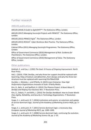 Further	research
AXELOS	publications
AXELOS	(2018)	A	Guide	to	AgileSHIFT™.	The	Stationery	Office,	London.
AXELOS	(2017)	Managing	Successful	Projects	with	PRINCE2®.	The	Stationery	Office,
London.
AXELOS	(2015)	PRINCE2	Agile®
.	The	Stationery	Office,	London.
AXELOS	(2015)	RESILIA®:	Cyber	Resilience	Best	Practice.	The	Stationery	Office,
London.
Cabinet	Office	(2011)	Managing	Successful	Programmes.	The	Stationery	Office,
London.
Office	of	Government	Commerce	(2010)	Management	of	Risk:	Guidance	for
Practitioners.	The	Stationery	Office,	London.
Office	of	Government	Commerce	(2010)	Management	of	Value.	The	Stationery
Office,	London.
Other	publications
Goldratt,	E.	and	Cox,	J.	(1992)	The	Goal:	A	Process	of	Ongoing	Improvement.	North
River	Press.
Hall,	J.	(2016).	ITSM,	DevOps,	and	why	three-tier	support	should	be	replaced	with
Swarming.	https://medium.com/@JonHall_/itsm-devops-and-why-the-three-tier-
structure-must-be-replaced-with-swarming-91e76ba22304
Humble,	J.,	Molesky,	J.	and	O’Reilly,	B.	(2015)	Lean	Enterprise:	How	High
Performance	Organizations	Innovate	at	Scale.	O’Reilly	Media.
Kim,	G.,	Behr,	K.	and	Spafford,	G.	(2013)	The	Phoenix	Project:	A	Novel	About	IT,
DevOps	and	Helping	Your	Business	Win.	IT	Revolution	Press.
Kim,	G.,	Debois,	P.	and	Willis,	J.	(2016)	The	DevOps	Handbook:	How	to	Create	World-
Class	Agility,	Reliability,	and	Security	in	Technology	Organizations.	IT	Revolution
Press.
Vargo,	S.	L.	and	Lusch,	R.	F.	(2016)	Institutions	and	axioms:	an	extension	and	update
of	service-dominant	logic.	Journal	of	the	Academy	of	Marketing	Science	44(4),	pp.	5–
23.
Vargo,	S.	L.	and	Lusch,	R.	F.	(2011)	Service-dominant	logic:	a	necessary	step.
European	Journal	of	Marketing	45(7),	pp.	1289–1309.
Vargo,	S.	L.	and	Lusch,	R.	F.	(2008)	Service-dominant	logic:	continuing	the	evolution.
Journal	of	the	Academy	of	Marketing	Science	36,	pp.	1–10.
231
 