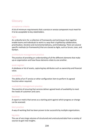 Glossary
acceptance	criteria
A	list	of	minimum	requirements	that	a	service	or	service	component	must	meet	for
it	to	be	acceptable	to	key	stakeholders.
Agile
An	umbrella	term	for	a	collection	of	frameworks	and	techniques	that	together
enable	teams	and	individuals	to	work	in	a	way	that	is	typified	by	collaboration,
prioritization,	iterative	and	incremental	delivery,	and	timeboxing.	There	are	several
specific	methods	(or	frameworks)	that	are	classed	as	Agile,	such	as	Scrum,	Lean,	and
Kanban.
architecture	management	practice
The	practice	of	providing	an	understanding	of	all	the	different	elements	that	make
up	an	organization	and	how	those	elements	relate	to	one	another.
asset	register
A	database	or	list	of	assets,	capturing	key	attributes	such	as	ownership	and	financial
value.
availability
The	ability	of	an	IT	service	or	other	configuration	item	to	perform	its	agreed
function	when	required.
availability	management	practice
The	practice	of	ensuring	that	services	deliver	agreed	levels	of	availability	to	meet
the	needs	of	customers	and	users.
baseline
A	report	or	metric	that	serves	as	a	starting	point	against	which	progress	or	change
can	be	assessed.
best	practice
A	way	of	working	that	has	been	proven	to	be	successful	by	multiple	organizations.
big	data
The	use	of	very	large	volumes	of	structured	and	unstructured	data	from	a	variety	of
sources	to	gain	new	insights.
234
 