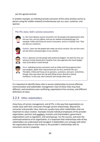 per	the	agreed	contract.
In	another	example,	an	individual	private	consumer	of	the	same	wireless	carrier	(a
person	using	the	mobile	network)	simultaneously	acts	as	a	user,	customer,	and
sponsor.
The	ITIL	story:	Axle’s	service	consumers
Su:	Our	most	obvious	service	consumers	are	the	people	and	organizations	who
hire	our	cars,	visit	our	offices,	and	use	our	website	and	booking	app.	For
example,	Ichika	and	Faruq	are	service	consumers,	and	so	is	Food	for	Fuel.	They
are	also	our	customers.
Radhika:	Users	are	the	people	who	make	use	of	our	services.	Our	car-hire	users
are	the	drivers	and	passengers	in	our	vehicles.
Marco:	Sponsors	are	the	people	who	authorize	budgets.	For	Axle	Car	Hire,	our
sponsors	include	Amelia	from	Food	for	Fuel,	who	approves	the	travel	budget
even	if	she	doesn’t	travel	herself.
Henri:	Individual	service	consumers	such	as	Ichika	and	Faruq	approve	their
own	budgets,	define	their	requirements	for	car	hire,	and	drive	the	cars.
Therefore,	Ichika	and	Faruq	act	as	sponsors,	customers,	and	users.	Sometimes,
though,	they	may	share	the	trip	with	fellow	drivers	(friends	or	family
members).	In	this	case,	their	contracts	will	include	other	users.
It	is	important	to	identify	these	roles	in	service	relationships	to	ensure	effective
communication	and	stakeholder	management.	Each	of	these	roles	may	have
different,	and	sometimes	even	conflicting,	expectations	from	services,	and	different
definitions	of	value.
2.2.3 	Other	stakeholders
A	key	focus	of	service	management,	and	of	ITIL,	is	the	way	that	organizations	co-
create	value	with	their	consumers	through	service	relationships.	Beyond	the
consumer	and	provider	roles,	there	are	usually	many	other	stakeholders	that	are
important	to	value	creation.	Examples	include	individual	employees	of	the	provider
organization,	partners	and	suppliers,	investors	and	shareholders,	government
organizations	such	as	regulators,	and	social	groups.	For	the	success,	and	even	the
continued	existence	of	an	organization,	it	is	important	that	relationships	with	all	key
stakeholders	are	understood	and	managed.	If	stakeholders	are	unhappy	with	what
the	organization	does	or	how	it	does	it,	the	provider’s	relationships	with	its
consumers	can	be	in	jeopardy.
24
 
