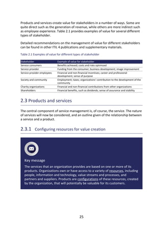 Products	and	services	create	value	for	stakeholders	in	a	number	of	ways.	Some	are
quite	direct	such	as	the	generation	of	revenue,	while	others	are	more	indirect	such
as	employee	experience.	Table	2.1	provides	examples	of	value	for	several	different
types	of	stakeholder.
Detailed	recommendations	on	the	management	of	value	for	different	stakeholders
can	be	found	in	other	ITIL	4	publications	and	supplementary	materials.
Table	2.1	Examples	of	value	for	different	types	of	stakeholder
Stakeholder Example	of	value	for	stakeholder
Service	consumers Benefits	achieved;	costs	and	risks	optimized
Service	provider Funding	from	the	consumer;	business	development;	image	improvement
Service	provider	employees Financial	and	non-financial	incentives;	career	and	professional
development;	sense	of	purpose
Society	and	community Employment;	taxes;	organizations’	contribution	to	the	development	of	the
community
Charity	organizations Financial	and	non-financial	contributions	from	other	organizations
Shareholders Financial	benefits,	such	as	dividends;	sense	of	assurance	and	stability
2.3	Products	and	services
The	central	component	of	service	management	is,	of	course,	the	service.	The	nature
of	services	will	now	be	considered,	and	an	outline	given	of	the	relationship	between
a	service	and	a	product.
2.3.1 	Configuring	resources	for	value	creation
Key	message
The	services	that	an	organization	provides	are	based	on	one	or	more	of	its
products.	Organizations	own	or	have	access	to	a	variety	of	resources,	including
people,	information	and	technology,	value	streams	and	processes,	and
partners	and	suppliers.	Products	are	configurations	of	these	resources,	created
by	the	organization,	that	will	potentially	be	valuable	for	its	customers.
25
 