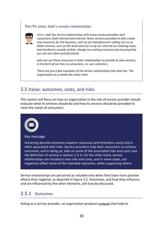 The	ITIL	story:	Axle’s	service	relationships
Henri:	Axle	has	service	relationships	with	many	service	providers	and
consumers,	both	internal	and	external.	Some	services	provided	to	Axle	create
new	resources	for	the	business,	such	as	car	manufacturers	selling	cars	to	us.
Other	services,	such	as	the	work	done	for	us	by	our	internal	car	cleaning	team,
and	mechanics	outside	of	Axle,	change	our	existing	resources	by	ensuring	that
our	cars	are	clean	and	functional.
Axle	can	use	these	resources	in	other	relationships	to	provide	its	own	services,
in	the	form	of	car	hire,	to	consumers,	i.e.	our	customers.
These	are	just	a	few	examples	of	the	service	relationships	that	Axle	has.	The
organization	as	a	whole	has	many	more.
2.5	Value:	outcomes,	costs,	and	risks
This	section	will	focus	on	how	an	organization	in	the	role	of	service	provider	should
evaluate	what	its	services	should	do	and	how	its	services	should	be	provided	to
meet	the	needs	of	consumers.
Key	message
Achieving	desired	outcomes	requires	resources	(and	therefore	costs)	and	is
often	associated	with	risks.	Service	providers	help	their	consumers	to	achieve
outcomes,	and	in	doing	so,	take	on	some	of	the	associated	risks	and	costs	(see
the	definition	of	service	in	section	2.3.1).	On	the	other	hand,	service
relationships	can	introduce	new	risks	and	costs,	and	in	some	cases,	can
negatively	affect	some	of	the	intended	outcomes,	while	supporting	others.
Service	relationships	are	perceived	as	valuable	only	when	they	have	more	positive
effects	than	negative,	as	depicted	in	Figure	2.2.	Outcomes,	and	how	they	influence
and	are	influenced	by	the	other	elements,	will	now	be	discussed.
2.5.1 	Outcomes
Acting	as	a	service	provider,	an	organization	produces	outputs	that	help	its
30
 