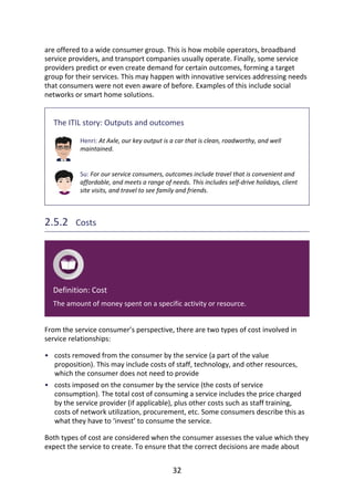•
•
are	offered	to	a	wide	consumer	group.	This	is	how	mobile	operators,	broadband
service	providers,	and	transport	companies	usually	operate.	Finally,	some	service
providers	predict	or	even	create	demand	for	certain	outcomes,	forming	a	target
group	for	their	services.	This	may	happen	with	innovative	services	addressing	needs
that	consumers	were	not	even	aware	of	before.	Examples	of	this	include	social
networks	or	smart	home	solutions.
The	ITIL	story:	Outputs	and	outcomes
Henri:	At	Axle,	our	key	output	is	a	car	that	is	clean,	roadworthy,	and	well
maintained.
Su:	For	our	service	consumers,	outcomes	include	travel	that	is	convenient	and
affordable,	and	meets	a	range	of	needs.	This	includes	self-drive	holidays,	client
site	visits,	and	travel	to	see	family	and	friends.
2.5.2 	Costs
Definition:	Cost
The	amount	of	money	spent	on	a	specific	activity	or	resource.
From	the	service	consumer’s	perspective,	there	are	two	types	of	cost	involved	in
service	relationships:
costs	removed	from	the	consumer	by	the	service	(a	part	of	the	value
proposition).	This	may	include	costs	of	staff,	technology,	and	other	resources,
which	the	consumer	does	not	need	to	provide
costs	imposed	on	the	consumer	by	the	service	(the	costs	of	service
consumption).	The	total	cost	of	consuming	a	service	includes	the	price	charged
by	the	service	provider	(if	applicable),	plus	other	costs	such	as	staff	training,
costs	of	network	utilization,	procurement,	etc.	Some	consumers	describe	this	as
what	they	have	to	‘invest’	to	consume	the	service.
Both	types	of	cost	are	considered	when	the	consumer	assesses	the	value	which	they
expect	the	service	to	create.	To	ensure	that	the	correct	decisions	are	made	about
32
 