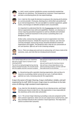 Su:	Axle’s	recent	customer	satisfaction	surveys	consistently	revealed	low
ratings	for	car	cleanliness.	This	hampered	our	customers’	travel	experience
and	was	a	contributing	factor	for	low	repeat	bookings.
Henri:	Axle	Car	Hire	made	the	decision	to	outsource	the	cleaning	of	all	vehicles
to	a	service	provider.	Previously,	cleaning	of	our	vehicle	fleet	was	performed
by	an	internal	department.	The	cost	and	effort	to	maintain	equipment,	update
rosters,	and	manage	an	inflexible	workforce	were	unsustainable.
It	is	important	to	understand	that	the	risk	of	outsourcing	any	task	or	service	is
that	an	organization	loses	skills	and	capabilities.	However,	car	cleaning	is	a
service	requiring	specialized	equipment	as	well	as	a	flexible	and	motivated
workforce.	Continual	investment	in	this	service	is	something	that	is	not
beneficial	for	Axle.
At	face	value,	outsourcing	may	appear	to	cost	an	organization	more	than
using	internal	resources.	Initially	this	may	be	true;	however,	over	time	and
correctly	managed,	outsourcing	services	should	be	beneficial	to	both	the
organization	and	supplier.	The	benefit	for	Axle	is	that	we	can	concentrate	on
our	core	business.	After	all,	we’re	not	a	cleaning	company.
Marco:	There	are	always	pros	and	cons	to	outsourcing.	Let’s	have	a	look	at	the
outcomes,	costs,	and	risks	that	are	introduced	and	removed.
Pros Cons
Users	will	be	happy	with	our	cars’	cleanliness
Axle	will	no	longer	need	to	maintain	its	own
cleaning	facilities
The	risk	of	cars	being	damaged	during	cleaning
will	be	removed	from	Axle.	This	risk	will	now	be
with	the	supplier	and	their	insurance	company
Axle	will	lose	an	opportunity	to	offer	car	cleaning
as	a	service
Axle	will	need	to	pay	the	cleaning	company
Axle	will	have	a	heavy	dependency	on	the
external	cleaning	company,	and	their	staff	will
have	wide	access	to	our	premises
Su:	By	partnering	with	a	specialist	cleaning	organization,	Axle	can	focus	its
resources	on	providing	a	better	service	for	our	users.	It	will	also	help	to
optimize	our	costs,	increasing	value	for	the	organization.
Craig	is	the	owner	of	Craig’s	Cleaning.	Craig	is	methodical,	reliable,	and	well
respected	by	his	staff.	With	his	team,	Craig	is	keen	to	contribute	to	the	Axle
vision	of	offering	a	high-standard	travel	experience.
Craig:	Axle	Car	Hire	decided	to	outsource	its	car	cleaning	service,	and	Craig’s
Cleaning	was	chosen	to	take	this	on.	My	organization	is	now	responsible	for
the	cleanliness	of	the	entire	Axle	vehicle	fleet.
Henri:	The	service	Craig’s	Cleaning	is	providing	is	only	one	component	of	the
Axle	customer	experience.	Clean	cars	are	one	output	of	our	overall	service,	and
they	contribute	directly	to	the	customers’	travel	experience.	This	helps	Axle’s
clients	to	achieve	their	outcomes.
35
 