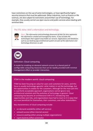 •
•
•
•
have	restrictions	on	the	use	of	some	technologies,	or	have	significantly	higher
security	concerns	that	must	be	addressed.	Other	industries,	such	as	finance	or	life
sciences,	are	also	subject	to	restrictions	around	their	use	of	technology.	For
example,	they	usually	cannot	use	open	source	and	public	services	when	dealing	with
sensitive	data.
The	ITIL	story:	Axle’s	information	and	technology
Henri:	The	information	and	technology	dimension	of	Axle	Car	Hire	represents
the	information	created	and	managed	by	teams.	It	also	includes	the
technologies	that	support	and	enable	our	services.	Applications	and	databases
such	as	our	booking	app	and	financial	system	are	part	of	the	information	and
technology	dimension	as	well.
Definition:	Cloud	computing
A	model	for	enabling	on-demand	network	access	to	a	shared	pool	of
configurable	computing	resources	that	can	be	rapidly	provided	with	minimal
management	effort	or	provider	interaction.
ITSM	in	the	modern	world:	cloud	computing
ITSM	has	been	focusing	on	value	for	users	and	customers	for	years,	and	this
focus	is	usually	technology-agnostic:	what	matters	is	not	the	technology,	but
the	opportunities	it	creates	for	the	customers.	Although	for	the	most	part	this
is	a	perfectly	acceptable	approach,	organizations	cannot	ignore	new
architectural	solutions	and	the	evolution	of	technology	in	general.	Cloud
computing	has	become	an	architectural	shift	in	IT,	introducing	new
opportunities	and	risks,	and	organizations	have	had	to	react	to	it	in	ways	that
are	most	beneficial	for	themselves,	their	customers,	and	other	stakeholders.
Key	characteristics	of	cloud	computing	include:
on-demand	availability	(often	self-service)
network	access	(often	internet	access)
resource	pooling	(often	among	multiple	organizations)
rapid	elasticity	(often	automatic)
44
 