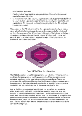 •
•
facilitate	value	realization.
Practices	Sets	of	organizational	resources	designed	for	performing	work	or
accomplishing	an	objective.
Continual	improvement	A	recurring	organizational	activity	performed	at	all	levels
to	ensure	that	an	organization’s	performance	continually	meets	stakeholders’
expectations.	ITIL	4	supports	continual	improvement	with	the	ITIL	continual
improvement	model.
The	purpose	of	the	SVS	is	to	ensure	that	the	organization	continually	co-creates
value	with	all	stakeholders	through	the	use	and	management	of	products	and
services.	The	structure	of	the	SVS	is	shown	in	Figure	4.1.	The	left	side	of	the	figure
shows	opportunity	and	demand	feeding	into	the	SVS	from	both	internal	and
external	sources.	The	right	side	shows	value	created	for	the	organization,	its
customers,	and	other	stakeholders.
Figure	4.1	The	ITIL	service	value	system
The	ITIL	SVS	describes	how	all	the	components	and	activities	of	the	organization
work	together	as	a	system	to	enable	value	creation.	These	components	and
activities,	together	with	the	organization’s	resources,	can	be	configured	and
reconfigured	in	multiple	combinations	in	a	flexible	way	as	circumstances	change,
but	this	requires	the	integration	and	coordination	of	activities,	practices,	teams,
authorities	and	responsibilities,	and	all	parties	to	be	truly	effective.
One	of	the	biggest	challenges	an	organization	can	face	when	trying	to	work
effectively	and	efficiently	with	a	shared	vision,	or	to	become	more	Agile	and
resilient,	is	the	presence	of	organizational	silos.	Organizational	silos	can	form	in
many	ways	and	for	many	different	reasons.	Silos	can	be	resistant	to	change	and	can
prevent	easy	access	to	the	information	and	specialized	expertise	that	exists	across
the	organization,	which	can	in	turn	reduce	efficiency	and	increase	both	cost	and
risk.	Silos	also	make	it	more	difficult	for	communication	or	collaboration	to	occur
across	different	groups.
55
 