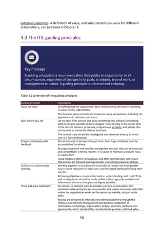 external	customers.	A	definition	of	value,	and	what	constitutes	value	for	different
stakeholders,	can	be	found	in	Chapter	2.
4.3	The	ITIL	guiding	principles
Key	message
A	guiding	principle	is	a	recommendation	that	guides	an	organization	in	all
circumstances,	regardless	of	changes	in	its	goals,	strategies,	type	of	work,	or
management	structure.	A	guiding	principle	is	universal	and	enduring.
Table	4.1	Overview	of	the	guiding	principles
Guiding	principle Description
Focus	on	value Everything	that	the	organization	does	needs	to	map,	directly	or	indirectly,
to	value	for	the	stakeholders.
The	focus	on	value	principle	encompasses	many	perspectives,	including	the
experience	of	customers	and	users.
Start	where	you	are Do	not	start	from	scratch	and	build	something	new	without	considering
what	is	already	available	to	be	leveraged.	There	is	likely	to	be	a	great	deal
in	the	current	services,	processes,	programmes,	projects,	and	people	that
can	be	used	to	create	the	desired	outcome.
The	current	state	should	be	investigated	and	observed	directly	to	make
sure	it	is	fully	understood.
Progress	iteratively	with
feedback
Do	not	attempt	to	do	everything	at	once.	Even	huge	initiatives	must	be
accomplished	iteratively.
By	organizing	work	into	smaller,	manageable	sections	that	can	be	executed
and	completed	in	a	timely	manner,	it	is	easier	to	maintain	a	sharper	focus
on	each	effort.
Using	feedback	before,	throughout,	and	after	each	iteration	will	ensure
that	actions	are	focused	and	appropriate,	even	if	circumstances	change.
Collaborate	and	promote
visibility
Working	together	across	boundaries	produces	results	that	have	greater
buy-in,	more	relevance	to	objectives,	and	increased	likelihood	of	long-term
success.
Achieving	objectives	requires	information,	understanding,	and	trust.	Work
and	consequences	should	be	made	visible,	hidden	agendas	avoided,	and
information	shared	to	the	greatest	degree	possible.
Think	and	work	holistically No	service,	or	element	used	to	provide	a	service,	stands	alone.	The
outcomes	achieved	by	the	service	provider	and	service	consumer	will	suffer
unless	the	organization	works	on	the	service	as	a	whole,	not	just	on	its
parts.
Results	are	delivered	to	internal	and	external	customers	through	the
effective	and	efficient	management	and	dynamic	integration	of
information,	technology,	organization,	people,	practices,	partners,	and
agreements,	which	should	all	be	coordinated	to	provide	a	defined	value.
58
 