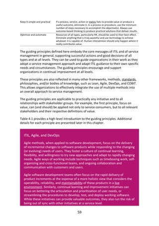 Keep	it	simple	and	practical If	a	process,	service,	action	or	metric	fails	to	provide	value	or	produce	a
useful	outcome,	eliminate	it.	In	a	process	or	procedure,	use	the	minimum
number	of	steps	necessary	to	accomplish	the	objective(s).	Always	use
outcome-based	thinking	to	produce	practical	solutions	that	deliver	results.
Optimize	and	automate Resources	of	all	types,	particularly	HR,	should	be	used	to	their	best	effect.
Eliminate	anything	that	is	truly	wasteful	and	use	technology	to	achieve
whatever	it	is	capable	of.	Human	intervention	should	only	happen	where	it
really	contributes	value.
The	guiding	principles	defined	here	embody	the	core	messages	of	ITIL	and	of	service
management	in	general,	supporting	successful	actions	and	good	decisions	of	all
types	and	at	all	levels.	They	can	be	used	to	guide	organizations	in	their	work	as	they
adopt	a	service	management	approach	and	adapt	ITIL	guidance	to	their	own	specific
needs	and	circumstances.	The	guiding	principles	encourage	and	support
organizations	in	continual	improvement	at	all	levels.
These	principles	are	also	reflected	in	many	other	frameworks,	methods,	standards,
philosophies,	and/or	bodies	of	knowledge,	such	as	Lean,	Agile,	DevOps,	and	COBIT.
This	allows	organizations	to	effectively	integrate	the	use	of	multiple	methods	into
an	overall	approach	to	service	management.
The	guiding	principles	are	applicable	to	practically	any	initiative	and	to	all
relationships	with	stakeholder	groups.	For	example,	the	first	principle,	focus	on
value,	can	(and	should)	be	applied	not	only	to	service	consumers,	but	to	all	relevant
stakeholders	and	their	respective	definitions	of	value.
Table	4.1	provides	a	high-level	introduction	to	the	guiding	principles.	Additional
details	for	each	principle	are	presented	later	in	this	chapter.
ITIL,	Agile,	and	DevOps
Agile	methods,	when	applied	to	software	development,	focus	on	the	delivery
of	incremental	changes	to	software	products	while	responding	to	the	changing
(or	evolving)	needs	of	users.	They	foster	a	culture	of	continual	learning,
flexibility,	and	willingness	to	try	new	approaches	and	adapt	to	rapidly	changing
needs.	Agile	ways	of	working	include	techniques	such	as	timeboxing	work,	self-
organizing	and	cross-functional	teams,	and	ongoing	collaboration	and
communication	with	customers	and	users.
Agile	software	development	teams	often	focus	on	the	rapid	delivery	of
product	increments	at	the	expense	of	a	more	holistic	view	that	considers	the
operability,	reliability,	and	maintainability	of	these	products	in	a	live
environment.	Similarly,	continual	learning	and	improvement	initiatives	can
focus	on	bettering	the	articulation	and	prioritization	of	user	needs,	or
streamlining	the	procedures	to	develop,	test,	and	deploy	working	software.
While	these	initiatives	can	provide	valuable	outcomes,	they	also	run	the	risk	of
being	out	of	sync	with	other	initiatives	at	a	service	level.
59
 