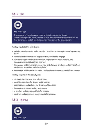 •
•
•
•
•
•
•
•
•
•
•
4.5.1 	Plan
Key	message
The	purpose	of	the	plan	value	chain	activity	is	to	ensure	a	shared
understanding	of	the	vision,	current	status,	and	improvement	direction	for	all
four	dimensions	and	all	products	and	services	across	the	organization.
The	key	inputs	to	this	activity	are:
policies,	requirements,	and	constraints	provided	by	the	organization’s	governing
body
consolidated	demands	and	opportunities	provided	by	engage
value	chain	performance	information,	improvement	status	reports,	and
improvement	initiatives	from	improve
knowledge	and	information	about	new	and	changed	products	and	services	from
design	and	transition,	and	obtain/build
knowledge	and	information	about	third-party	service	components	from	engage.
The	key	outputs	of	this	activity	are:
strategic,	tactical,	and	operational	plans
portfolio	decisions	for	design	and	transition
architectures	and	policies	for	design	and	transition
improvement	opportunities	for	improve
a	product	and	service	portfolio	for	engage
contract	and	agreement	requirements	for	engage.
4.5.2 	Improve
Key	message
87
 