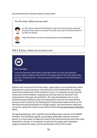 be	compared	with	a	previous	state	at	a	later	point.
The	ITIL	story:	Where	are	we	now?
Su:	We	need	to	understand	the	baseline.	How	do	we	know	if	we’ve	improved,
if	we	don’t	know	where	we	started?	Currently,	only	5	per	cent	of	the	vehicles	in
our	fleet	are	electric.
Craig:	Only	20	per	cent	of	my	cleaning	products	are	biodegradable.
4.6.1.3	Step	3:	Where	do	we	want	to	be?
Key	message
Just	as	the	previous	step	(Step	2)	describes	Point	A	on	the	improvement
journey,	Step	3	outlines	what	Point	B,	the	target	state	for	the	next	step	of	the
journey,	should	look	like.	A	journey	cannot	be	mapped	out	if	the	destination	is
not	clear.
Based	on	the	results	of	the	first	two	steps,	a	gap	analysis	can	be	performed,	which
evaluates	the	scope	and	nature	of	the	distance	to	be	travelled	from	the	starting
point	to	the	achievement	of	the	initiative’s	vision.	It	is	important	to	note	that	the
initial	vision	of	the	initiative	is	aspirational	and	may	never	be	achieved	in	full.
Improvement	is	the	goal,	not	perfection.	This	step	should	define	one	or	more
prioritized	actions	along	the	way	to	completing	the	vision	for	the	improvement,
based	on	what	is	known	at	the	starting	point.	Improvement	opportunities	can	be
identified	and	prioritized	based	on	the	gap	analysis,	and	improvement	objectives
can	be	set,	along	with	critical	success	factors	(CSFs)	and	key	performance	indicators
(KPIs).
The	agreed	objectives,	CSFs,	and	KPIs	need	to	follow	what	is	known	as	the	SMART
principle.	They	should	be	specific,	measurable,	achievable,	relevant,	and	time-
bound.	It	is	much	easier	to	define	the	route	of	the	improvement	journey	if	the	exact
destination	is	known.	It	is	important	to	note	that	the	target	state	represents
progress	towards	the	vision,	not	the	achievement	of	the	entire	vision.
96
 