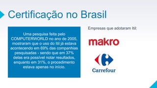 Certificação no Brasil
os funcionários ficarão
aptos a adquirir os
certificados ITIL.
Empresas que adotaram Itil:
Uma pesquisa feita pelo
COMPUTERWORLD no ano de 2005,
mostraram que o uso do Itil já estava
acontecendo em 69% das companhias
pesquisadas - sendo que em 37%
delas era possível notar resultados,
enquanto em 31%, o procedimento
estava apenas no início.
 