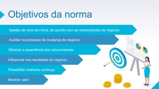 Objetivos da norma
Gestão de risco em linha, de acordo com as necessidades do negócio;
Auxiliar no processo de mudança do negócio;
Otimizar a experiência dos consumidores;
Influenciar nos resultados do negócio;
Possibilitar melhoria continua;
Mostrar valor
 